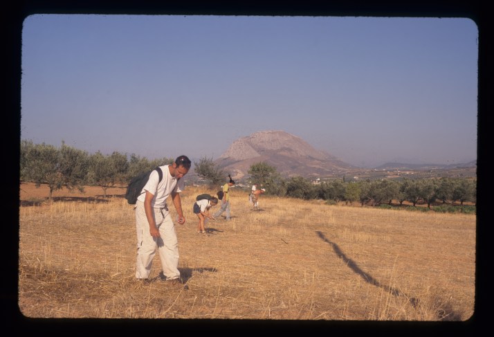A view of fieldwalkers conducting pedestrian survey on the Isthmus of Corinth.